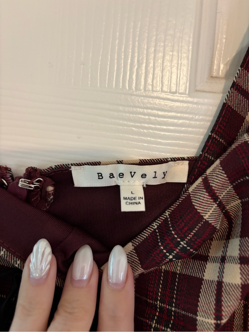 Sleeveless Plaid Midi Dress in Burgundy and Cream with Lace-Up Front - Picture 2 of 3